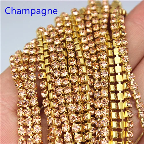 champagne 2mm 2.5mm 2.8mm 3mm 2Yard Colorful Sew on Crystal Rhinestone Cup Chain Gold Based Claw for Party Dinner Dress Accessories 8Y1200 - Цвет: champagne