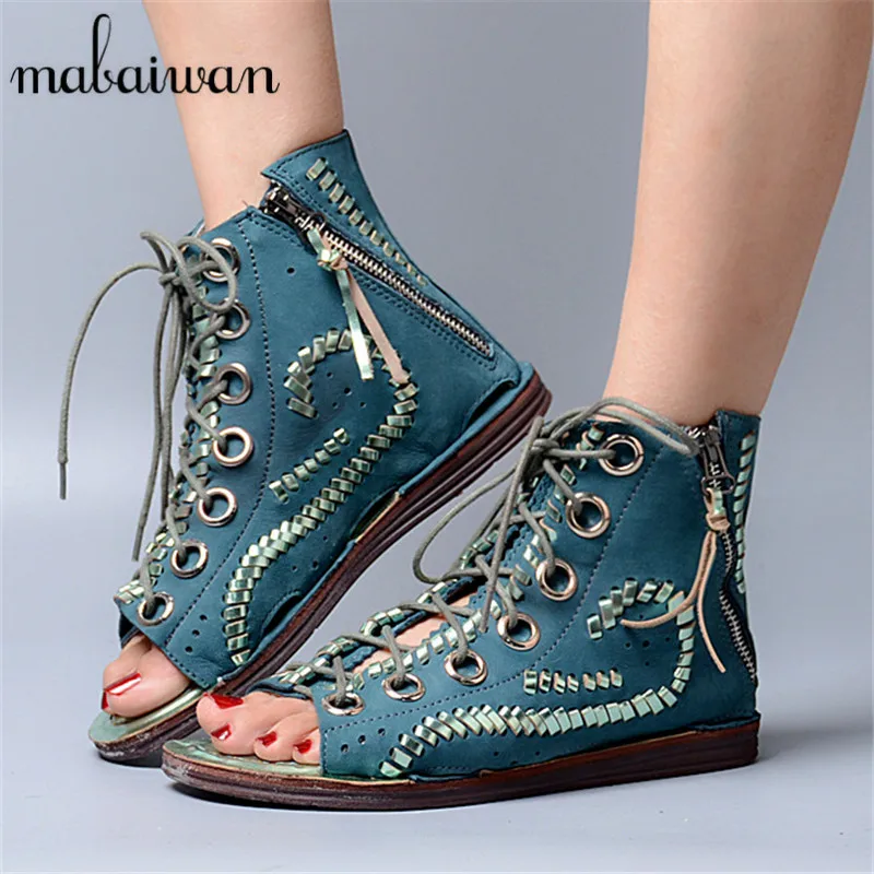 

Сандалии Mabaiwan женские из натуральной кожи, Босоножки с открытым носком, на шнуровке, плоская подошва, с бахромой, гладиаторы, обувь с перфора...