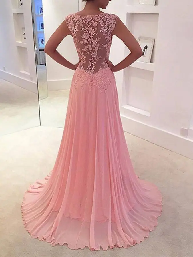 Женское длинное вечернее платье Розовое Шифоновое Платье трапеция с V образным