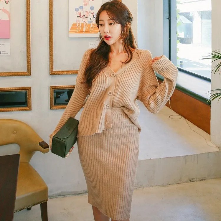 Осенне-зимний женский вязаный комплект из 2 предметов повседневный однобортный