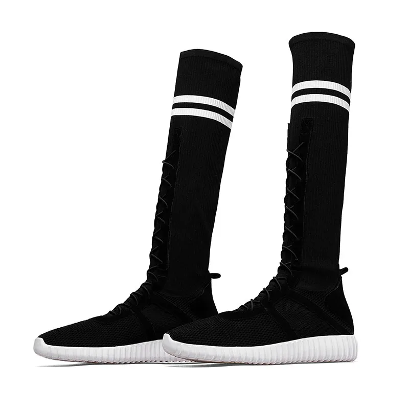 Женские высокие сапоги до середины икры белые эластичные облегающие кроссовки