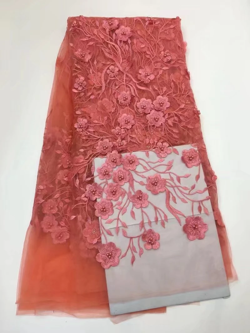 Белый цвет африканский тюль Кружево Ткань 3D с вышитыми цветами в нигерийском