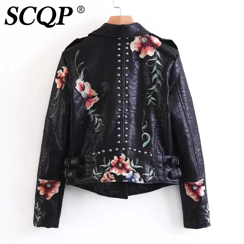 SCQP черный цветочный Вышивка Для женщин кожаная куртка весна длинным рукавом