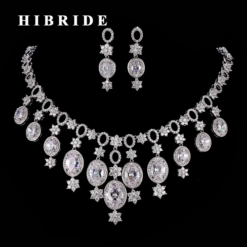HIBRIDE красивый женский свадебный комплект ювелирных изделий длинное большое кубическое циркониевое ожерелье и серьги для помолвки