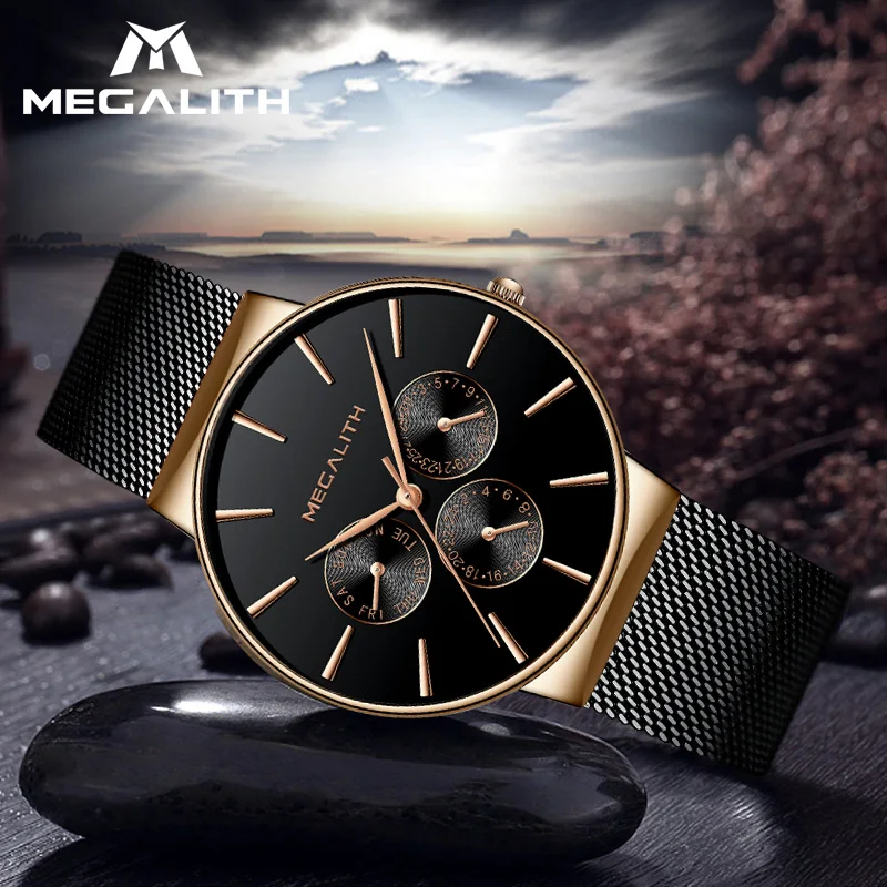 MEGALITH часы для мужчин сетка стальной Ремешок Браслет кварцевые мужские s