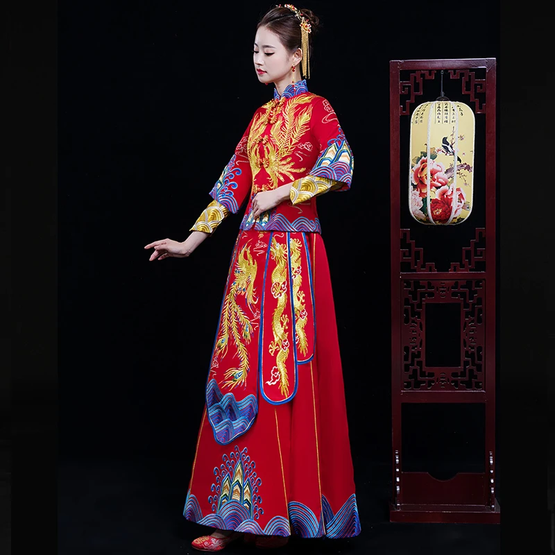 Китайский стиль невесты вышивка cheongsam Свадебная церемония платья костюм