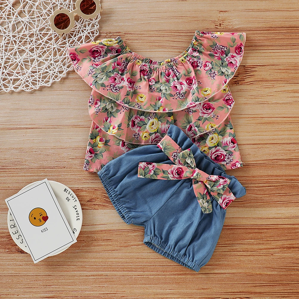 Emmababy Baby Girls Clothes Summer Toddler Infant Kids Floral Pink Tops Blue Shorts Outfits Set | Детская одежда и обувь