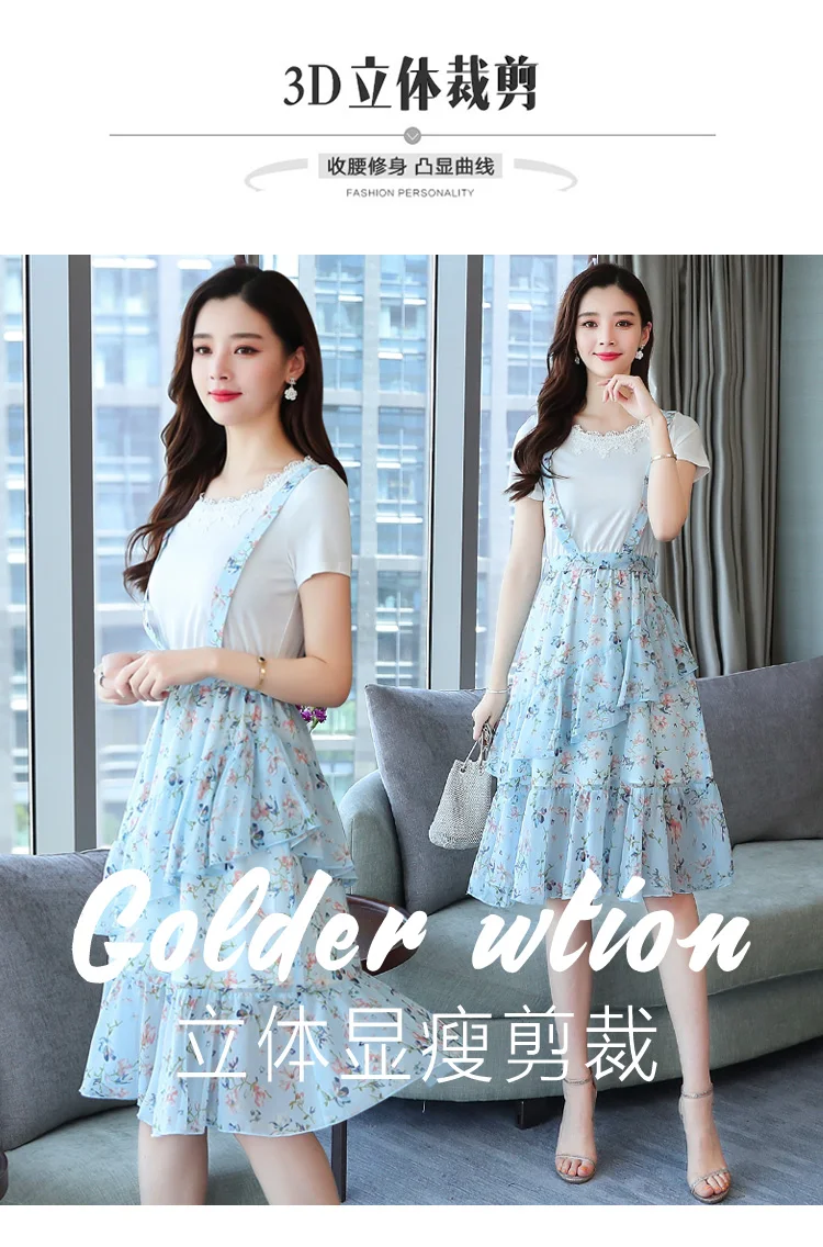 Femal Vintage Elegant Blue Chiffon Boho Midi Dresses Summer Plus Size Fake Two Piece Sundress Women Bodycon Party Vestidos