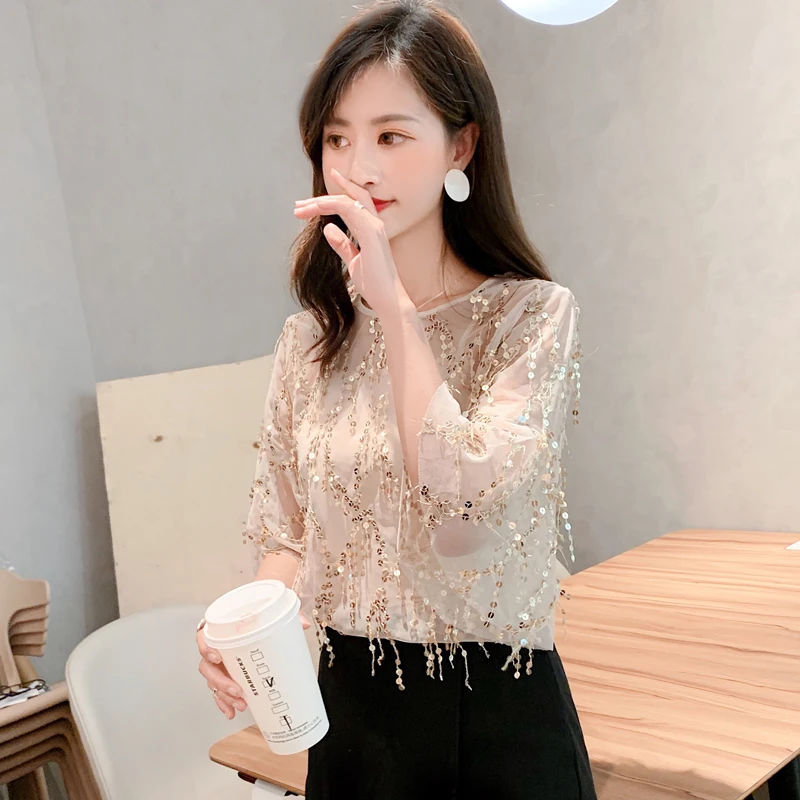 Blusas женская рубашка Сексуальная кружевная с пайетками летнее платье юбкой годе