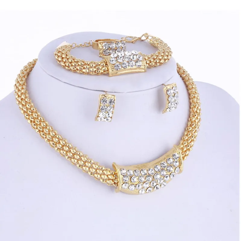 Комплект из колье и серёг золотистого цвета с кристаллами|jewelry sets wedding|fashion necklace