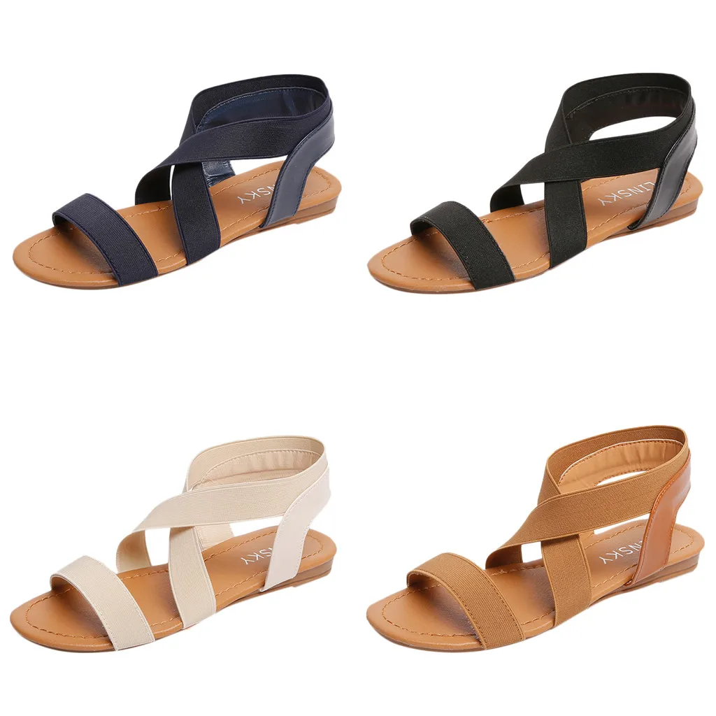 

SAGACE Women's Sandals Shoes Low Heel Anti Skidding Beach Shoes Cross Strap Ankle Elastic Band Peep-toe Rubber Sandals Women new