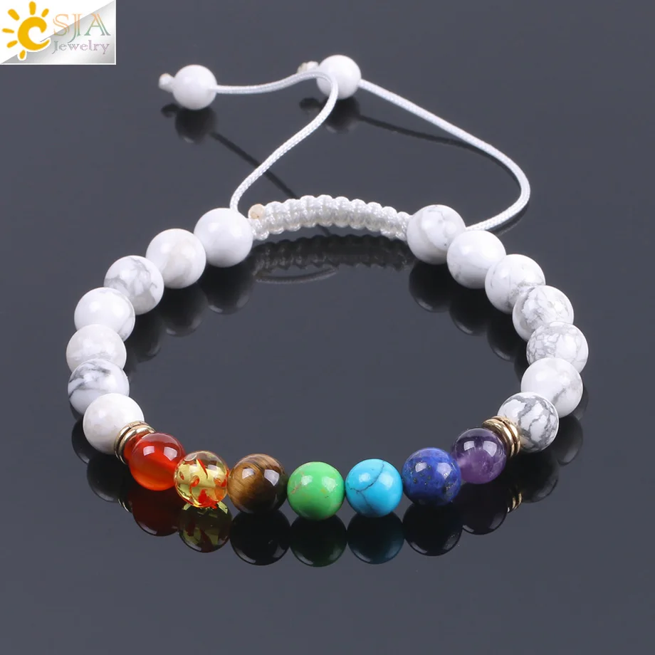 CSJA Ethnic White Howlite Beaded Bracelet Natural Gem Stone 7 Chakra Yoga Mala Beads Tibetan Buddhist Meditation Braid Rope F092 | Украшения
