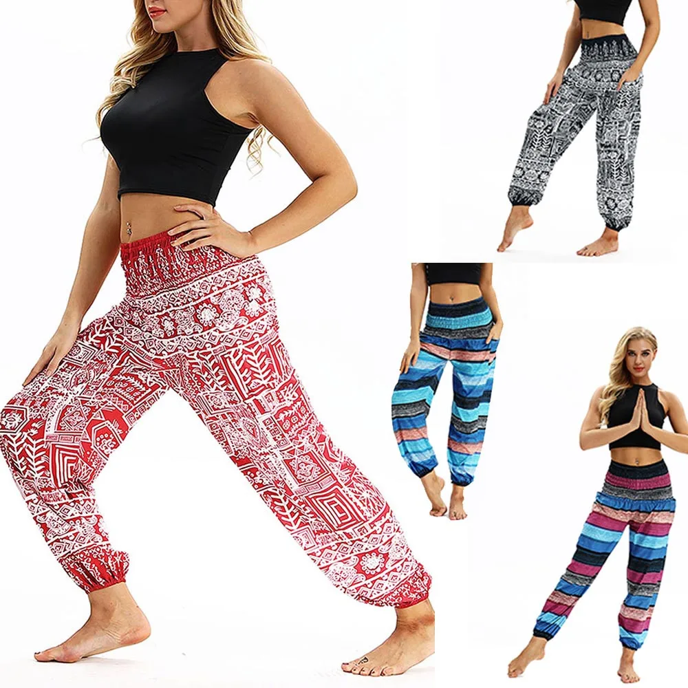 

Women Casual Loose Hippy Yoga Pants Sport Printing Trousers Baggy Boho Aladdin Harem Pants Running Elastic Mujer