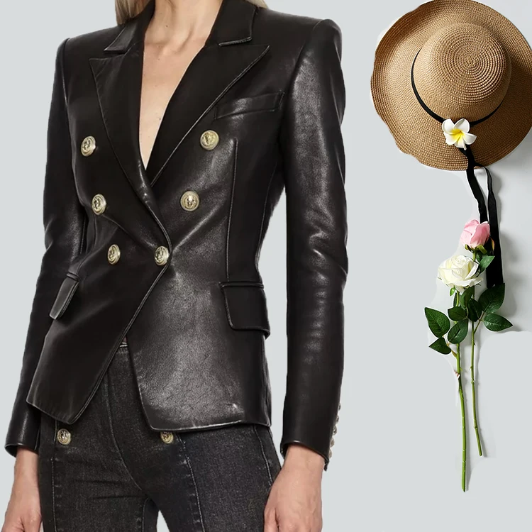 Factory Pu leather double breasted blazer female long sleeve casual suit personality metal buttons outwear wq1890 dropship