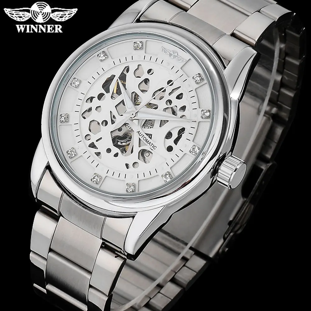 Мужские модные повседневные механические часы WINNER Серебристые со стальным