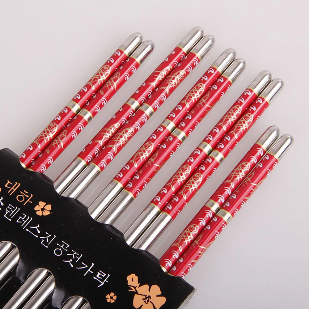 5 Pairs Stainless Steel Durable Food Stick Chinese Traditional Flowers Pattern Stainless Chopsticks Tableware Christmas Gifts