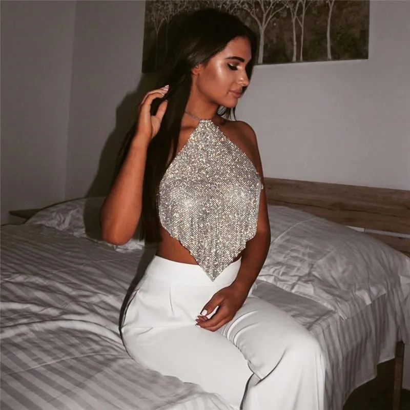 Женский топ на бретельках с металлическим кристаллом и стразами | Женская одежда