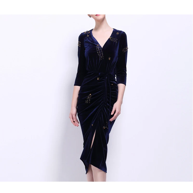 2017 Весна Лето Dress Вечер Dark Blue Velvet для Женщин Старинные Сексуальная Высокая Сплит