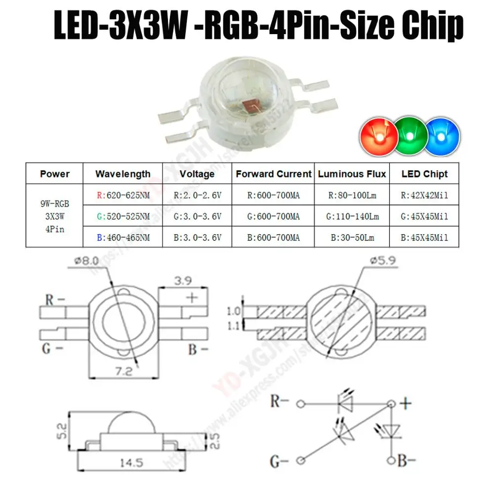 4Pin 9W RGB Светодиодный чип высокой мощности RGB RGBW RGBWW RGBWY 3 Вт 4 Вт 5 Вт 6 Вт 15 Вт Красочный Светодиодный светильник для самостоятельного литья - Испускаемый цвет: 4Pin 9W RGB