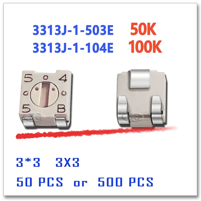 

JASNPROSMA 50PCS 500PCS 3313J-1-503E 3313J-1-104E 3*3 50K 100K Original OHM SMD Trimmer Potentiometer Connector 3313J trimmer