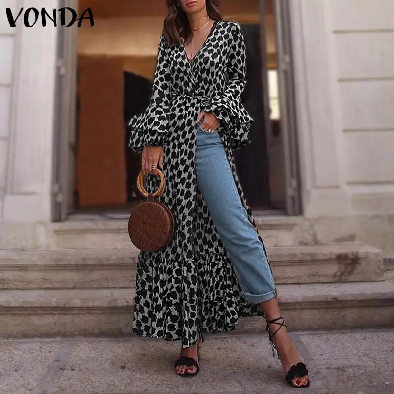 VONDA, женское сексуальное леопардовое платье, богемное, v-образный вырез, длинный рукав, раздельное платье-рубашка,, Осенний сарафан, повседневные Длинные вечерние платья, 5XL