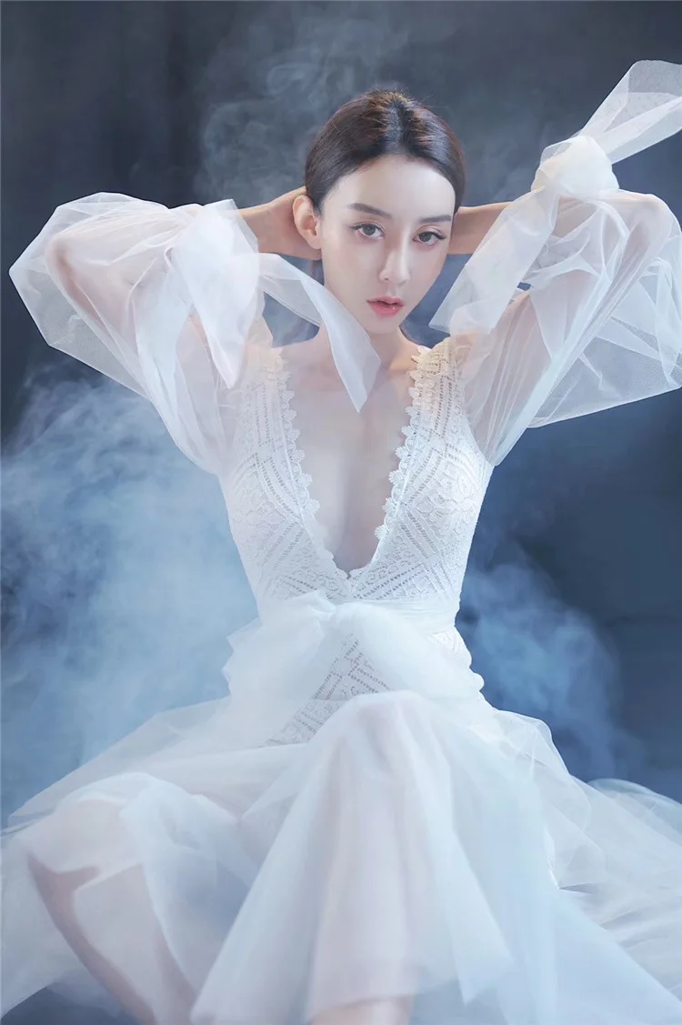 

Women White Dress Formal Dresses Patchwork 2019 Spring Voile Sleeve Irregular Mesh Formal Long Dress New