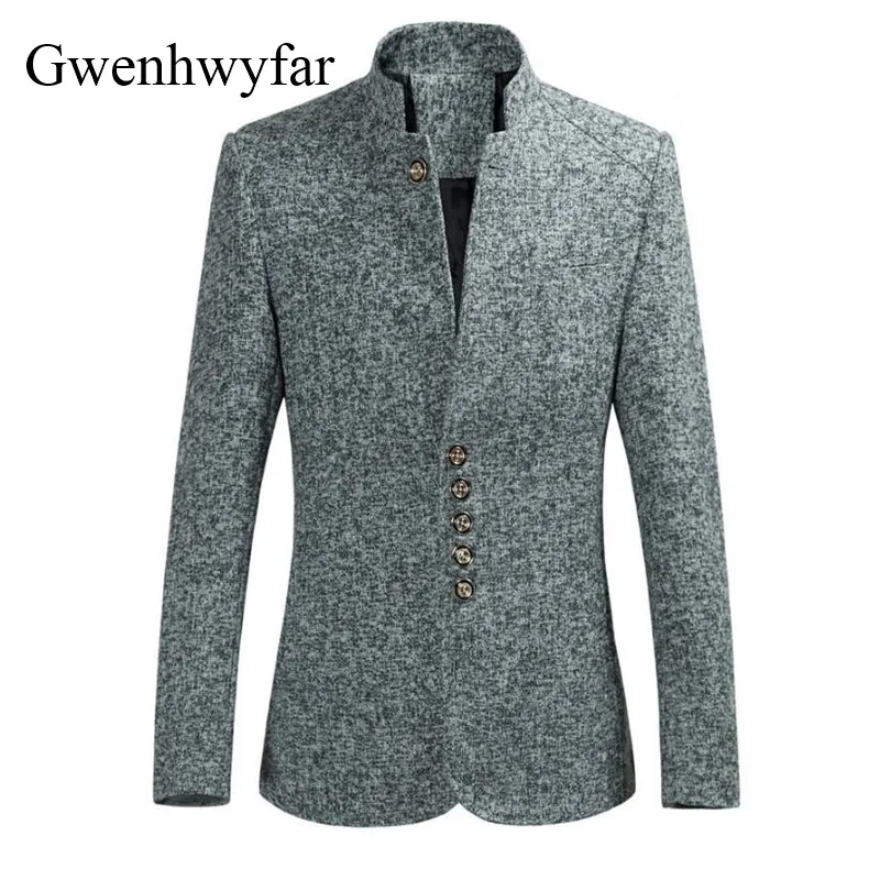 light grey Мандариновый блейзер с воротником для мужчин светло-серый однобортный Повседневный/Ретро Мужской приталенный пиджак китайский стиль мужской повседневный блейзер - Цвет: light grey