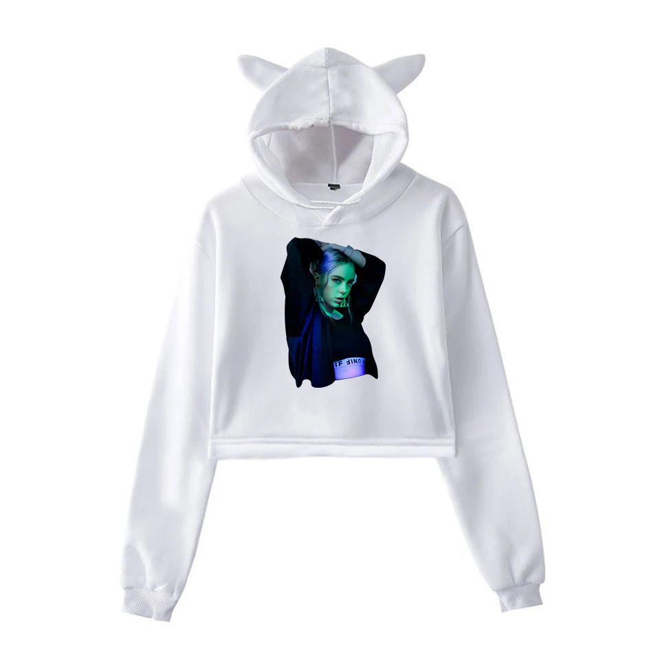 Billie Eilish Толстовка Harajuku милый кот Негабаритных Толстовки Кофты Розовый женский хит-хоп толстовка летняя укороченная верхняя одежда