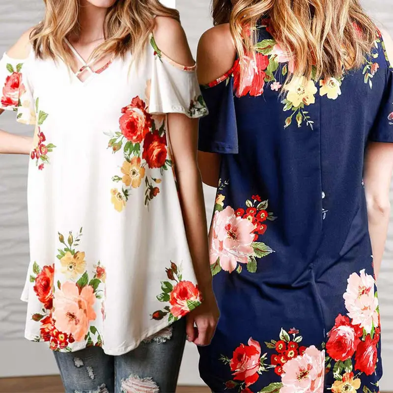 2017 Fashion Floral Print Off Shoulder T-shirts Women Female Summer Top Casual Big Size Cross V Neck Tee Shirt Femme Tshirt | Женская