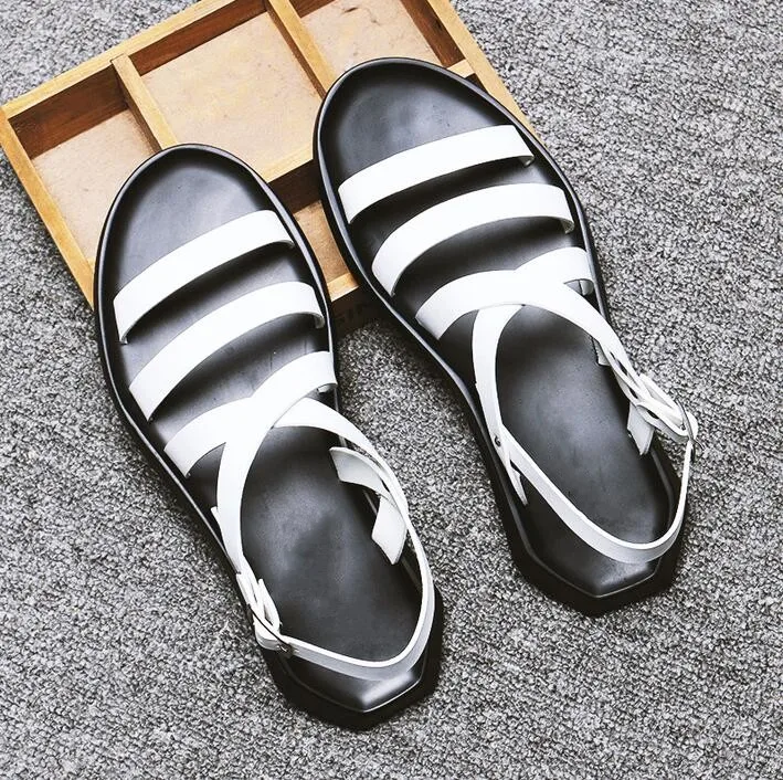 

White Black Beach Sandals Criss Cross Genuine leather Rome Summer Gladiators Flats Shoes Leisure Slippers Sapatos Hombre