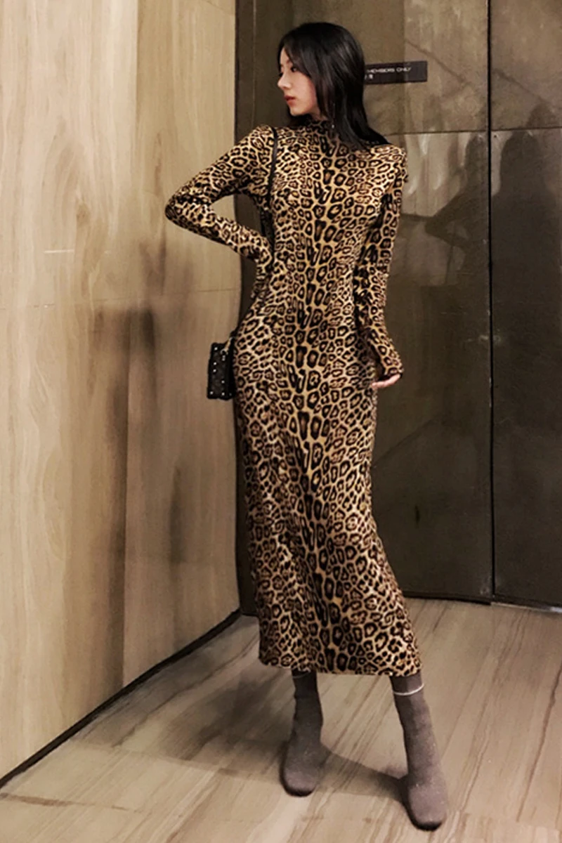 Женское винтажное платье с леопардовым принтом длинным рукавом и высоким