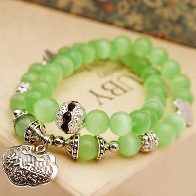 Женский двухслойный браслет кошачий глаз ручной работы из натурального камня в