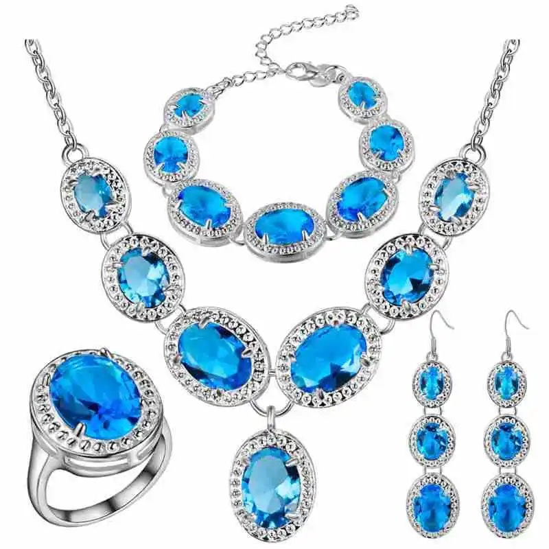 

Luxury Women's Earrings Necklace Ring Bracelet Jewelry Sets UA New Style Lake Blue Water Drop Set