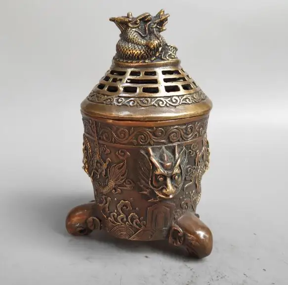 

Chinese pure brass dragons play pearl statue Incense burner