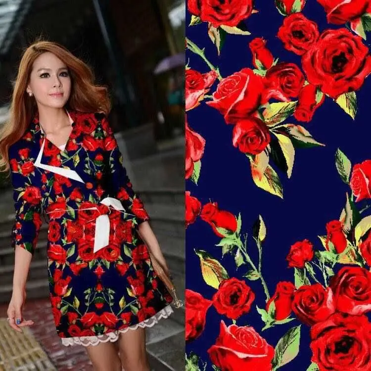 

LEO&LIN Vintage Clothing blue/white Green Leaves Red Rose Slightly Elastic Satin Patchwork Cotton Fabric Tissus