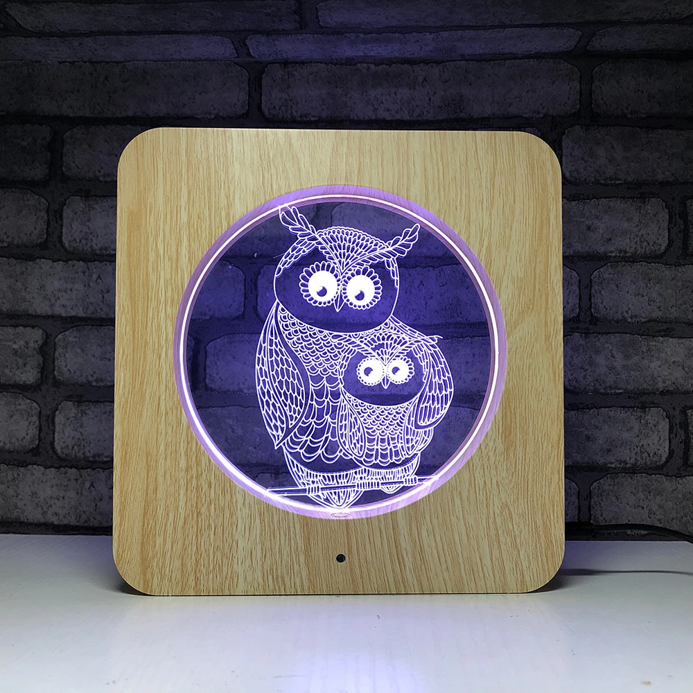 Деревянный милый подарок для девочки Сова Ночник Led 7/1/3 цвета Usb Иллюзия