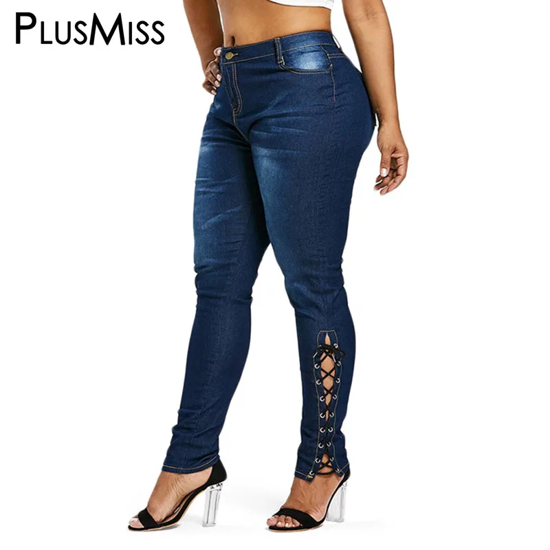 PlusMiss размера плюс 5XL застежка молния Сексуальные со шнуровкой сбоку джинсы для