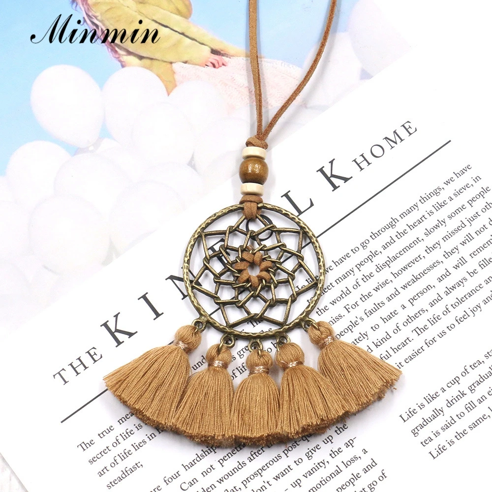 Minmin Indian Ethnic Big Dreamcatcher Pendant Long Leather Rope Necklaces Women Bohemian Tassel Fashion Jewelry MXL159 | Украшения и