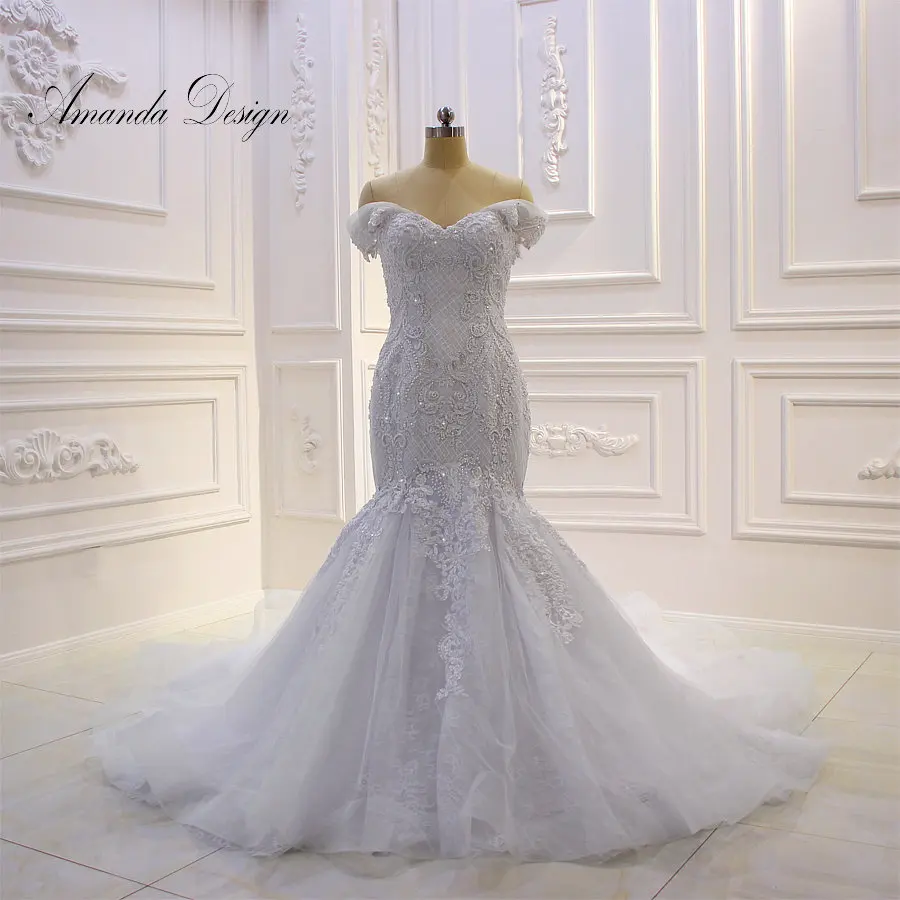 Аманда дизайн vestido de noiva с открытыми плечами кружевная Апликация Хрустальная Русалочка Свадебное платье
