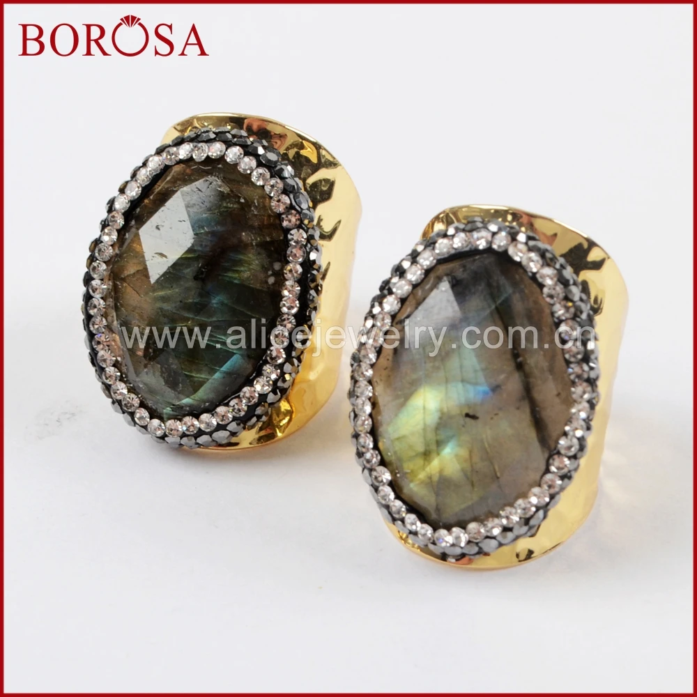 

BOROSA 5/10PCS Oval Mixed Natural Faceted Stone Gold Band Rings Rhinestone pave Labradorite Tiger Eye Gems Rings Jewelry JAB931