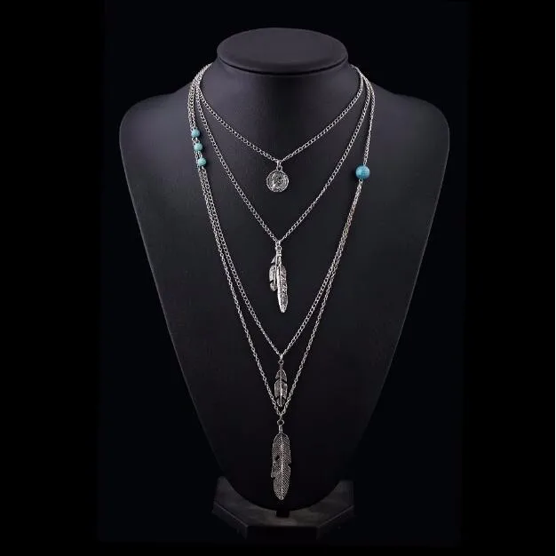 Бренд моды Бохо антикварные серебряные Многослойные перья Bijoux Шарм ожерелье s бусы ожерелье Maxi, ювелирные изделия N60