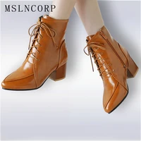 plus size 34 45 spring autumn handmade women ankle boots comfortable designer high heel lace up martin boots thick heel shoes