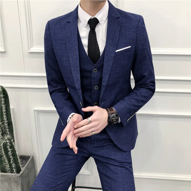 

Black Blue Classic Men's Fashion Boutique Lattice Groom Wedding Dress Suits Three-piece Suits Men's Business Blazers Suits