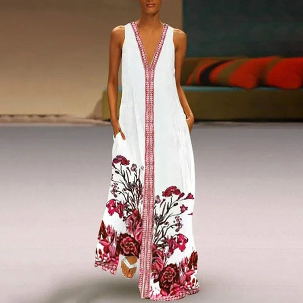 Женские платья богемный цветочный принт без рукавов комбинезон тонкий v образный