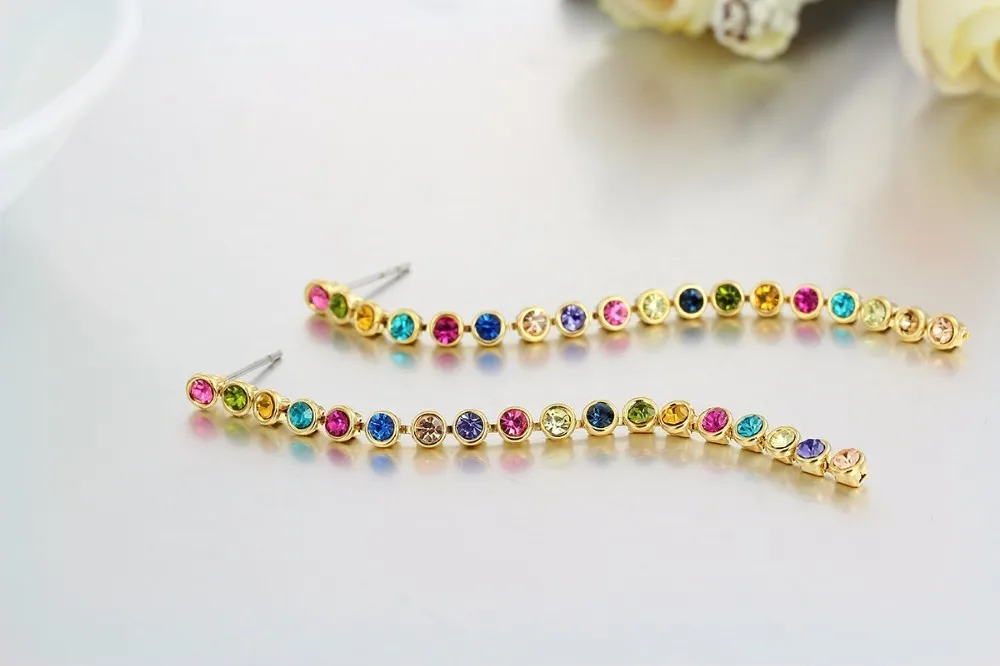 Желтое Золото Цвет Multi-Цвет Радуга вокруг кристаллы падение длинной цепи Серьги