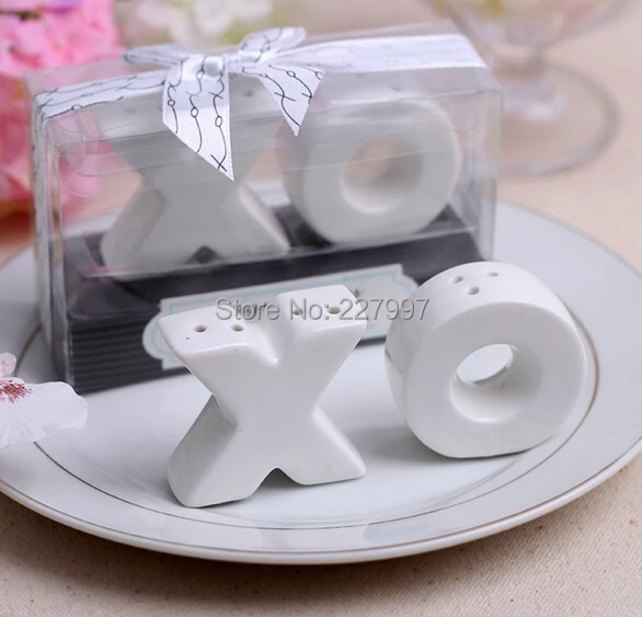 

Ceramic XO hugs and kisses salt and pepper shakers wedding favors bridal shower gifts
