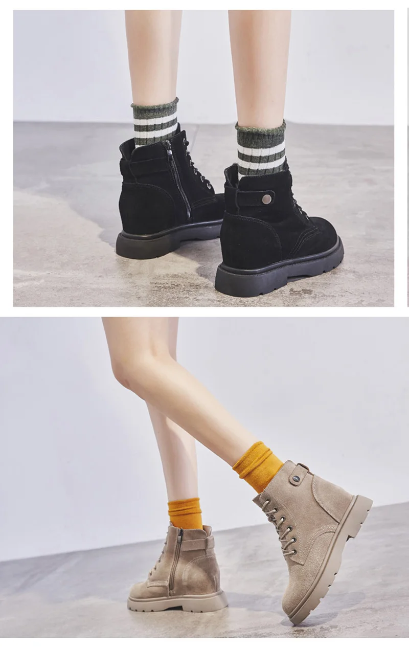 Genuine Leather Shoes Women Boots Warm Shoes Cow Leather Women Ankle Boots Autumn Winter Footwear Height Increasing 6.5cm A1649
