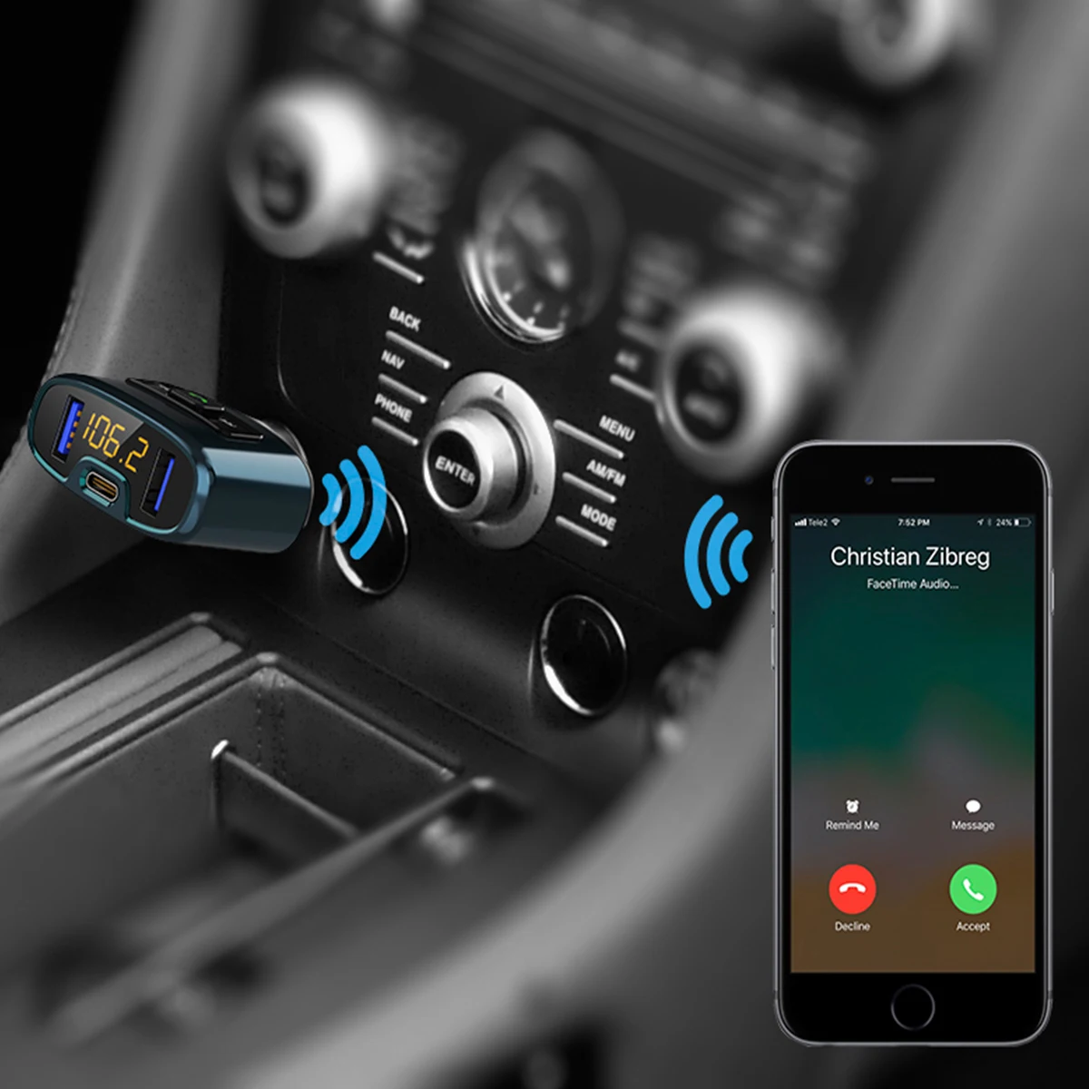 C52S двойной usb зарядный порт + TYPE C PD автомобильное зарядное устройство Bluetooth fm