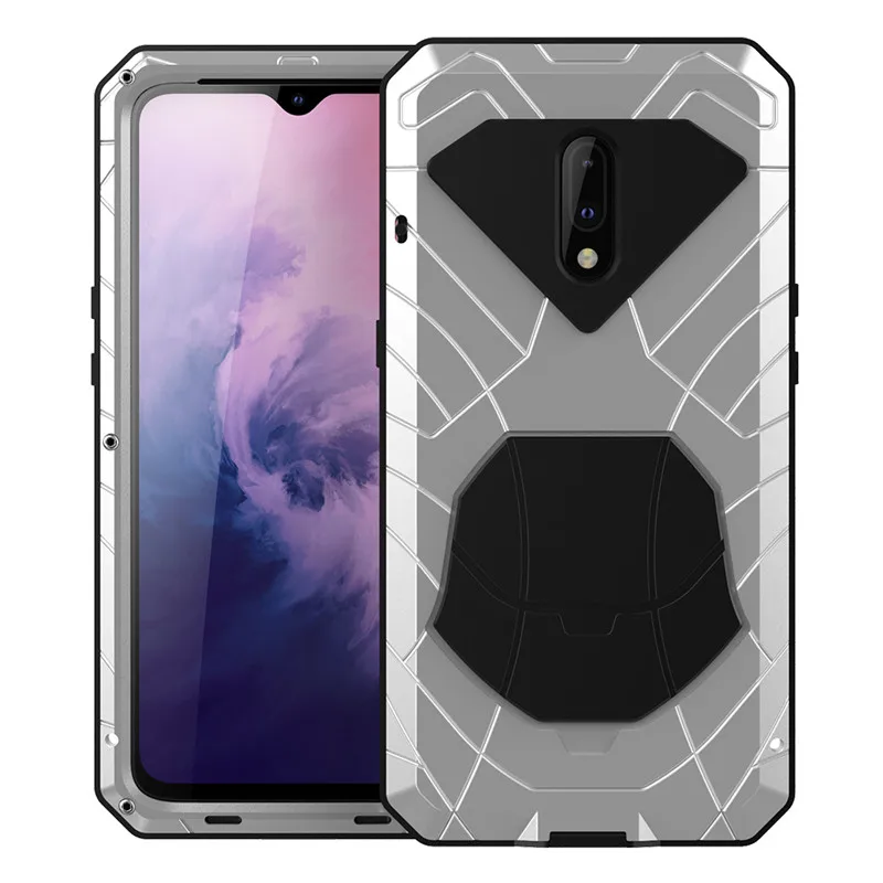 Для Oneplus 7 Гибридный бронированный Алюминиевый металлический противоударный бампер рамка чехол мягкий резиновый силиконовый военный сверхпрочный жесткий чехол - Цвет: silver