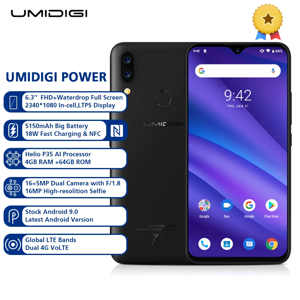 Смартфон UMIDIGI POWER 4G 6 3 дюймов Android 9 0 Helio P35 четыре ядра 4 Гб ОЗУ 64 ПЗУ 5150 МП
